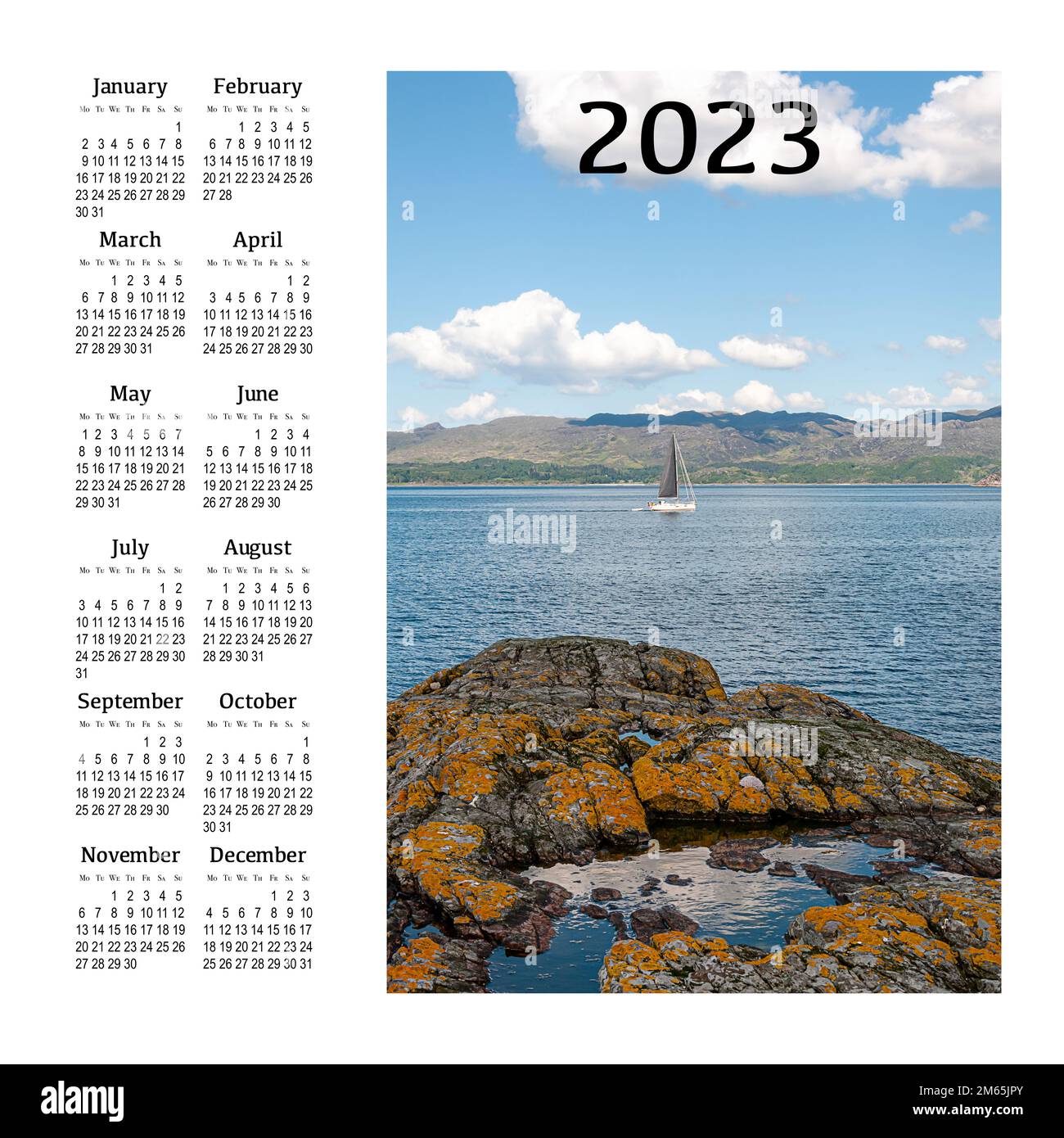 Calendar for 2023 on a white background for printing. Scotland, Great Britain. Beautiful mountain landscape. Stock Photo