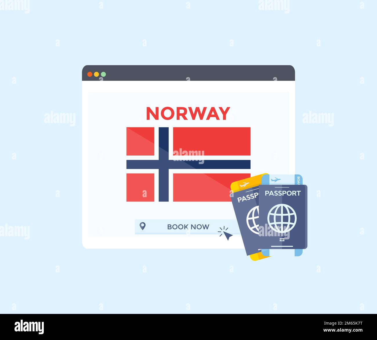 Online booking service on web browser site, trip planning country Norway logo design. Online reservation of plane tickets. Concept for website vector Stock Vector