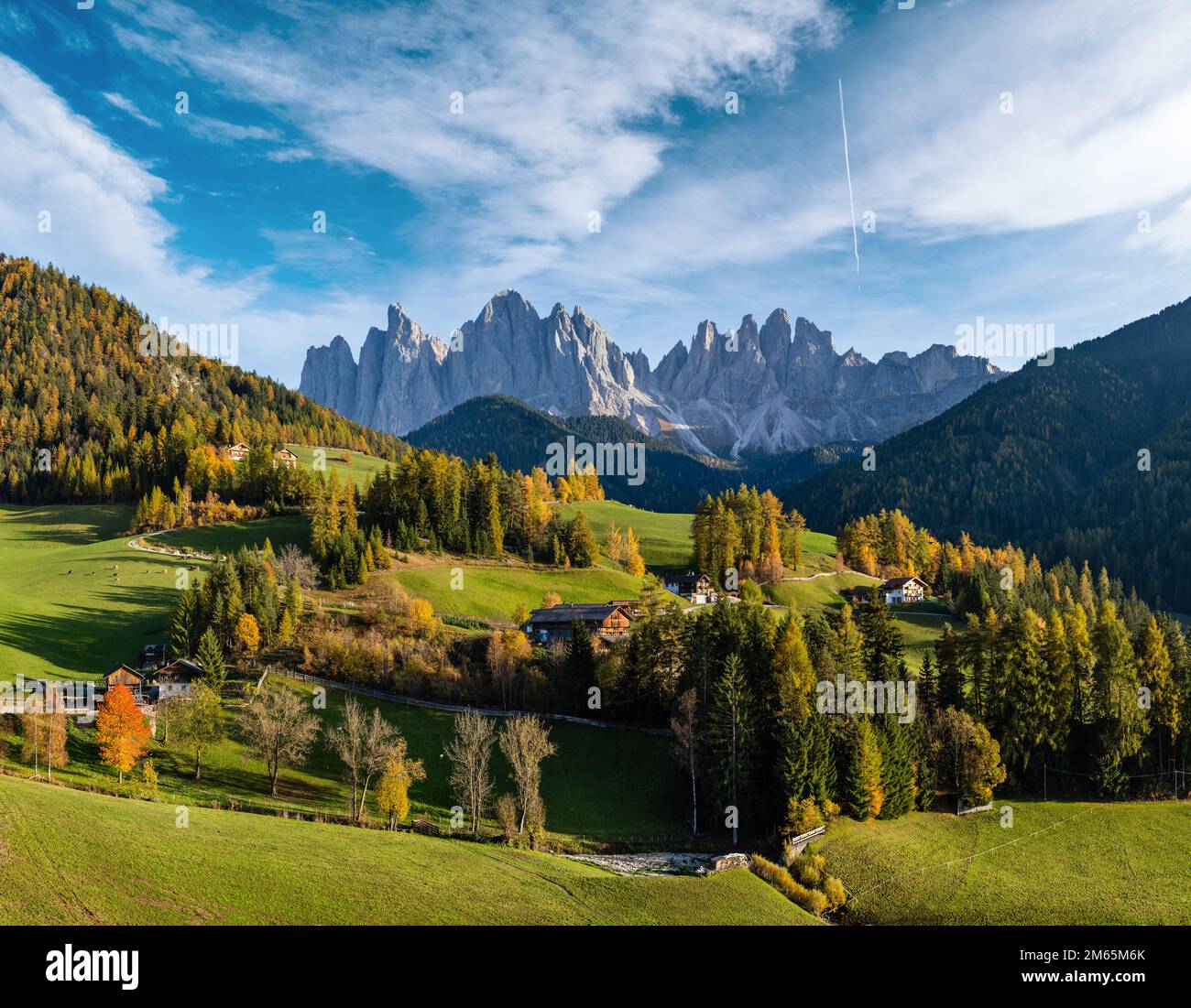 Autumn evening Santa Magdalena famous Italy Dolomites village ...