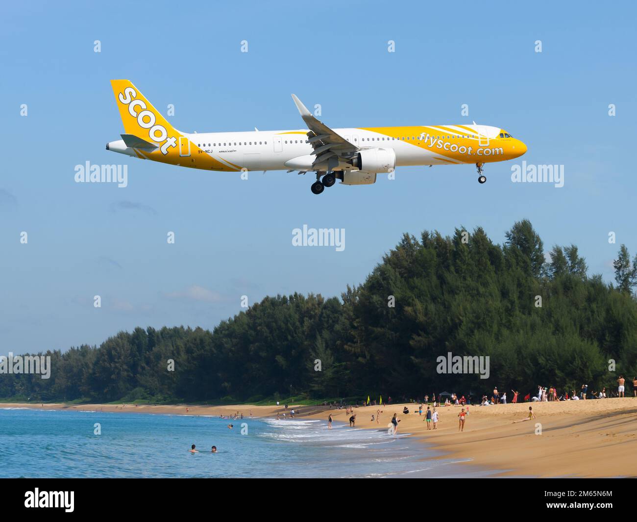 Scoot Airbus A321 airplane over Mai Khao Beach. Aircraft A321neo of