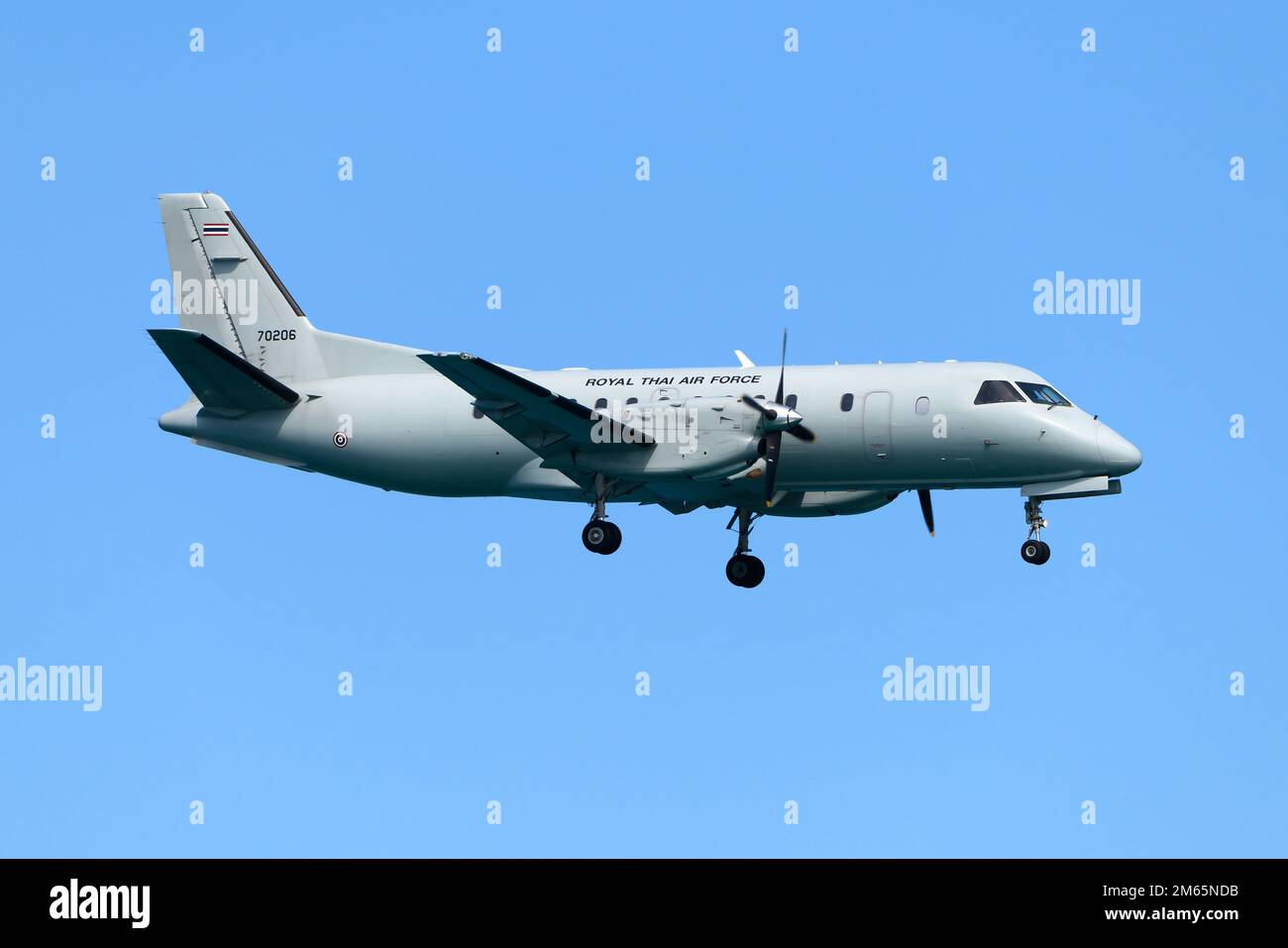 Royal Thai Air Force Saab 340 aircraft flying. Airplane of the Royal Thai Air Force registered as 70206. Stock Photo