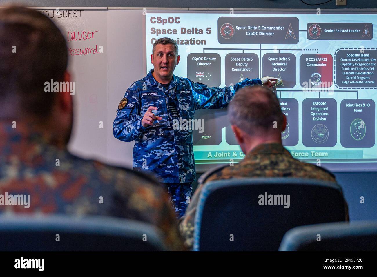 Australian Gp. Capt. Julien Greening, Combined Space Operations Center (CSpOC) deputy commander, briefs German Space Situational Awareness Centre operators on CSpOC and Space Delta 5’s organizational structure during an ‘Operator Exchange’ event at Vandenberg Space Force Base, Calif., April 4, 2022. The CSpOC reports to the Combined Force Space Component Command and executes the operational command and control of space forces to achieve theater and global objectives while DEL 5 is the U.S. Space Force command and control organization within Space Operations Command that provides the majority o Stock Photo