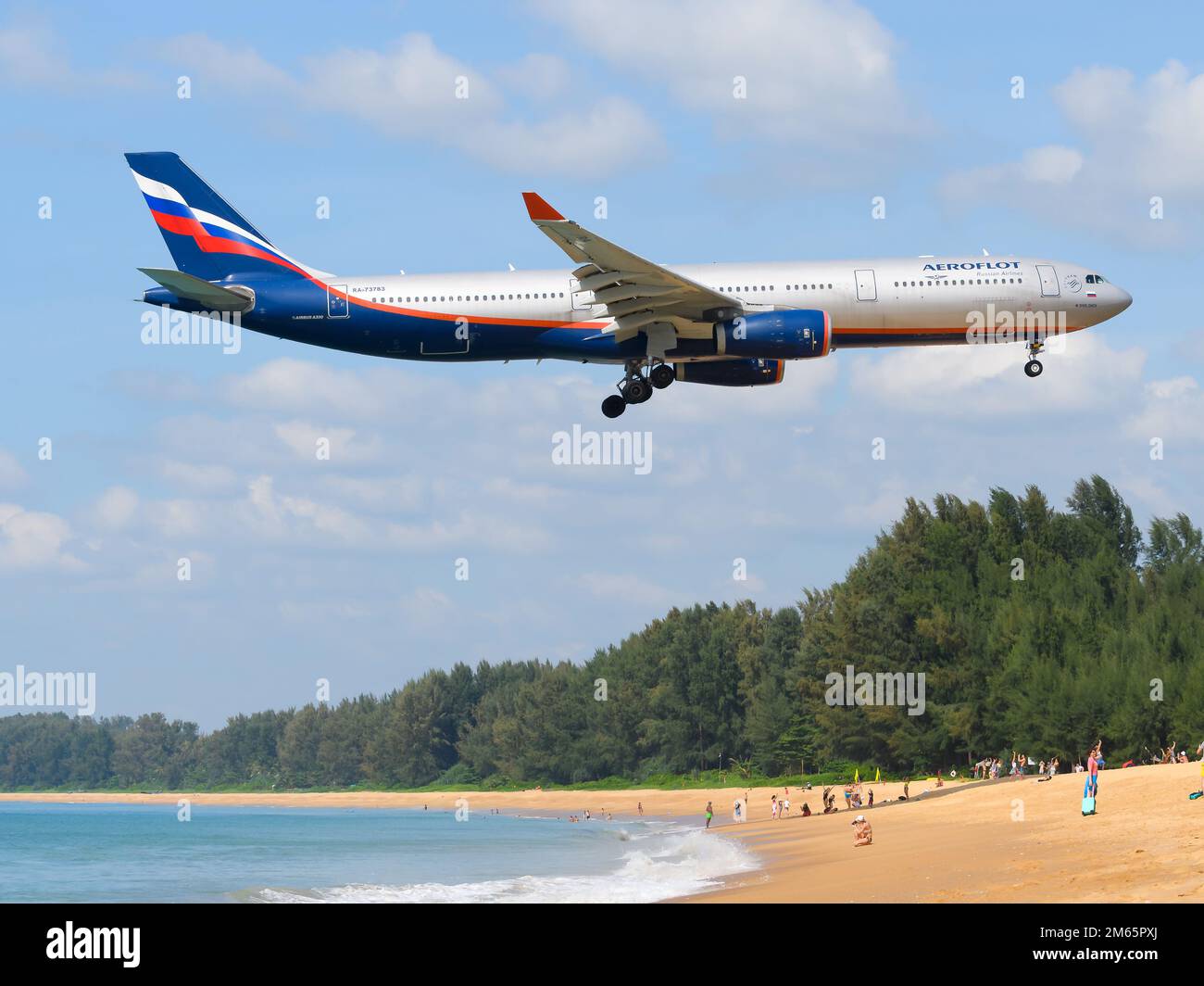 Aeroflot Airbus A330 aircraft over Mai Khao Beach. Aeroflot Russian Airlines Airbus A330-300 airplane with Russian registration RA-73783. Stock Photo