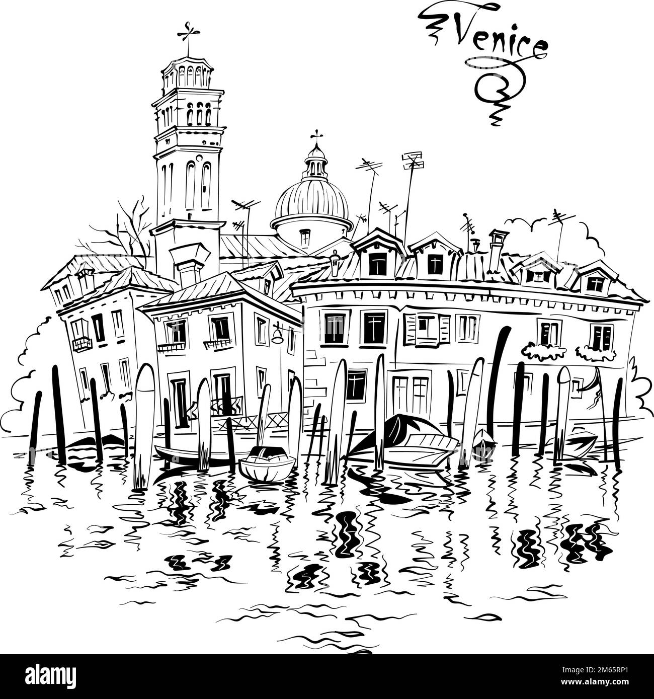 Watercolor sketch of canal, bright houses and Basilica of St Peter of Castello, Venice, Italy. Black and white Stock Vector