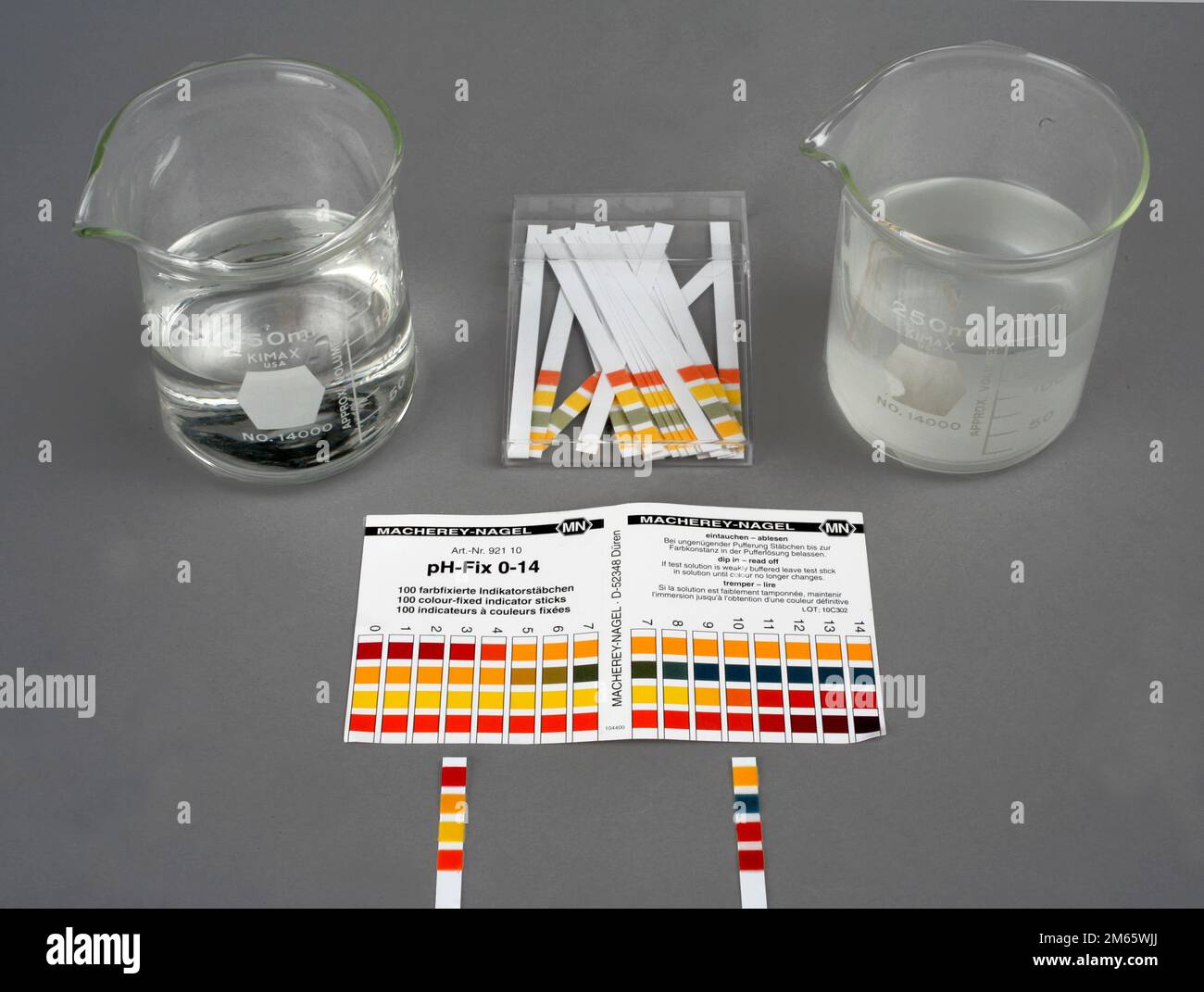 indicator paper is used for pH measurement of two beakers with an acid