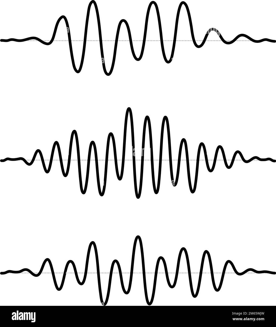 Sinusoid signal set. Black curve sound wave collection. Voice or music audio concept. Pulsating lines. Electronic radio graphics.  Stock Vector