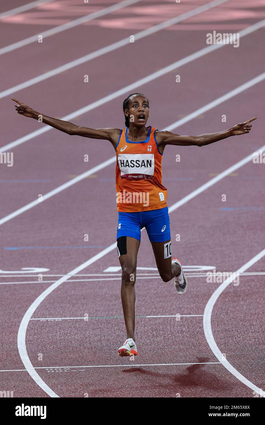 Sifan Hassan (NED) Olympic Champipn wins the Women's 5000 metres at the 2020 (2021) Olympic Summer Games, Tokyo, Japan Stock Photo