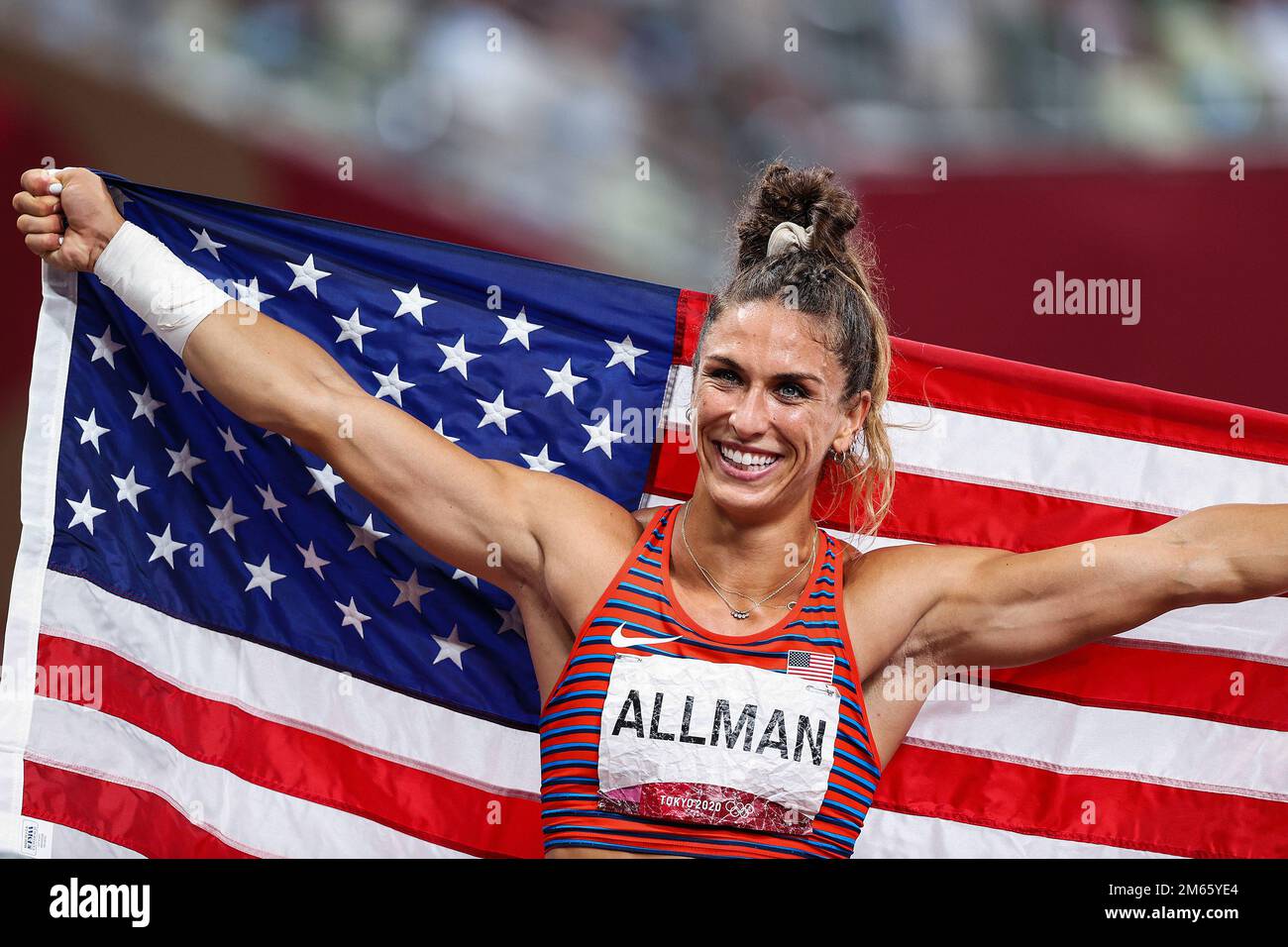 Valarie Allman (USA) Olympic Champipn wins the Women's discus at the 2020 (2021) Olympic Summer Games, Tokyo, Japan Stock Photo