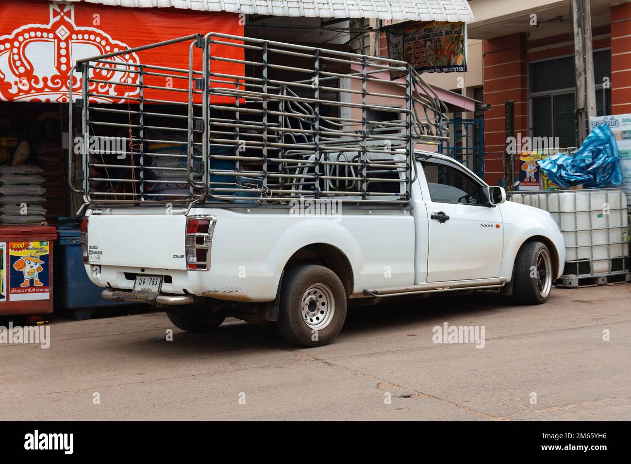 Pai, Thailand. November 19, 2022. White Isuzu D-Max truck with steel cage parked in Pai, Thailand Stock Photo