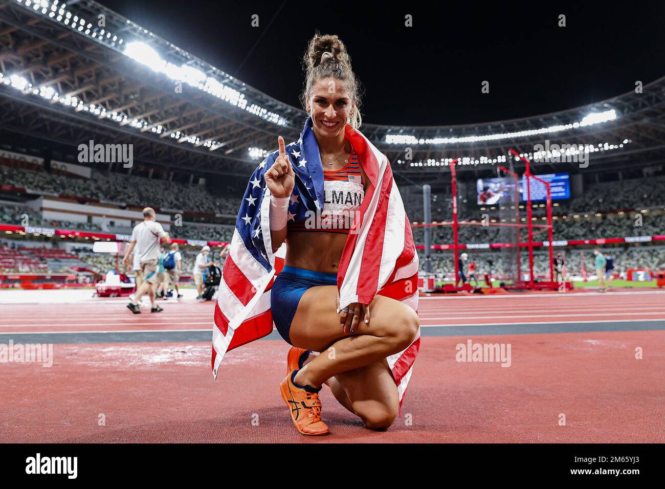 Valarie Allman (USA) Olympic Champipn wins the Women's discus at the 2020 (2021) Olympic Summer Games, Tokyo, Japan Stock Photo