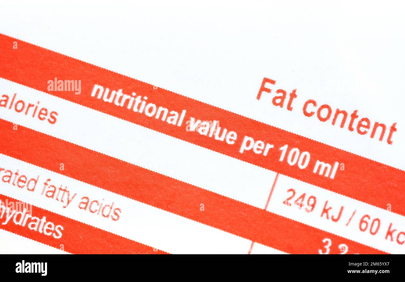 Food packaging nutritional value per 100 ml calories, nutrients in 100