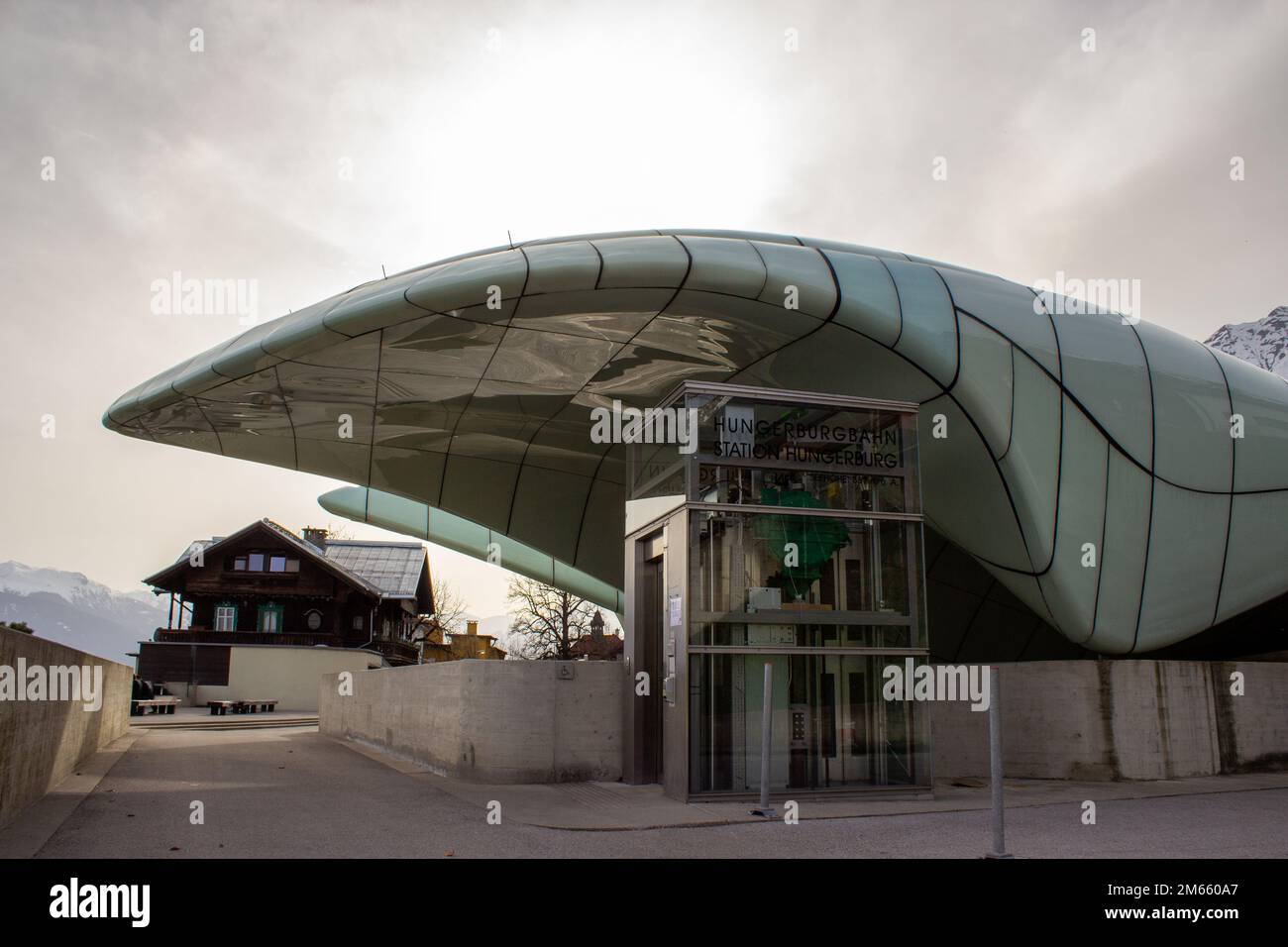 Hungerburg station, funicular railway and Cable Car to Nordkette mountain range, in Innsbruck, Austria. Funicular connecting the city district of Hung Stock Photo