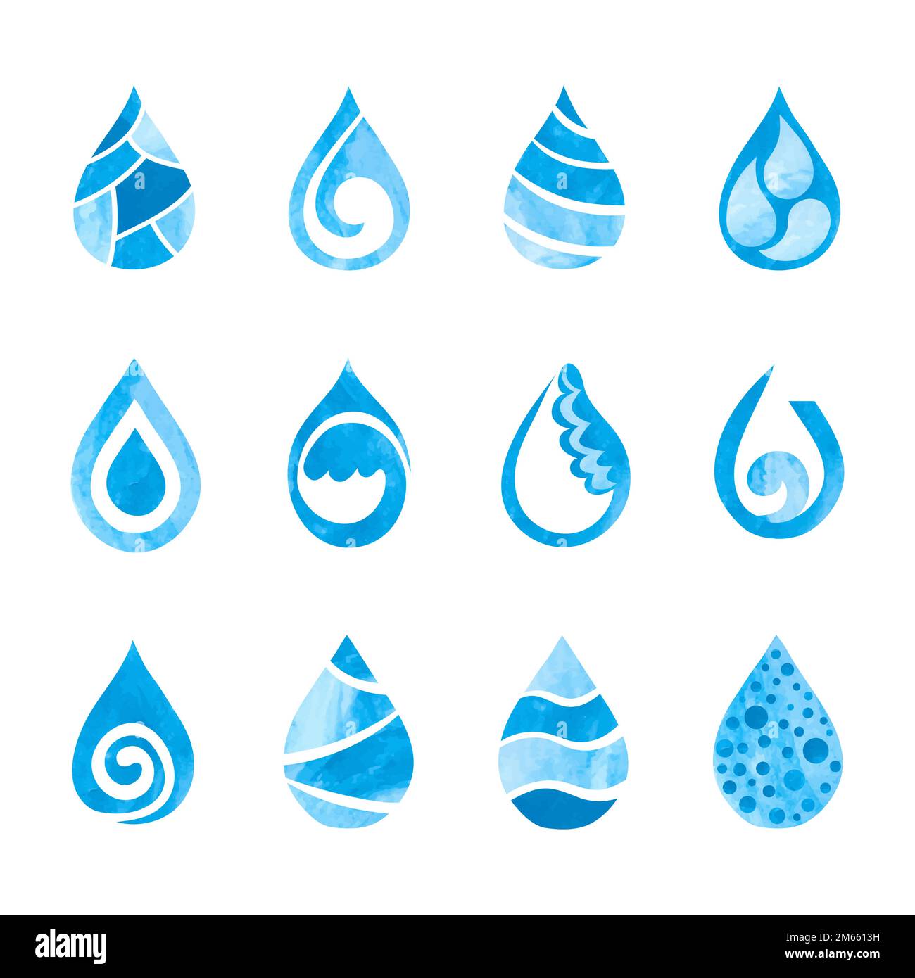 Set of blue watercolor water drops isolated on white. Vector icons ...