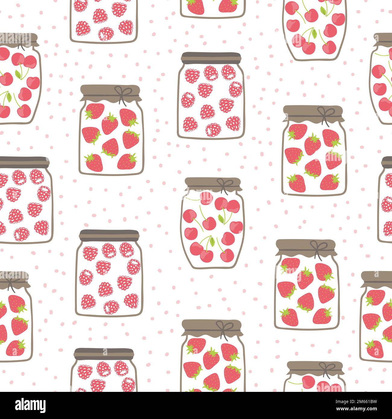 Seamless jam jars pattern with strawberry, raspberry and cherry