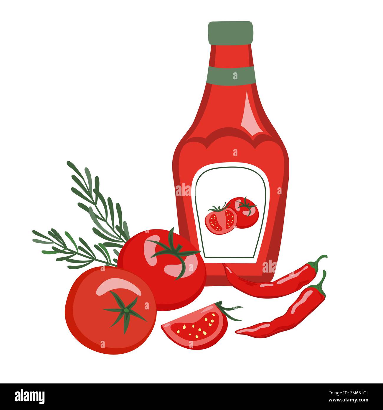 Ketchup set. Vector ketchup bottle, tomatoes and chili pepper Stock