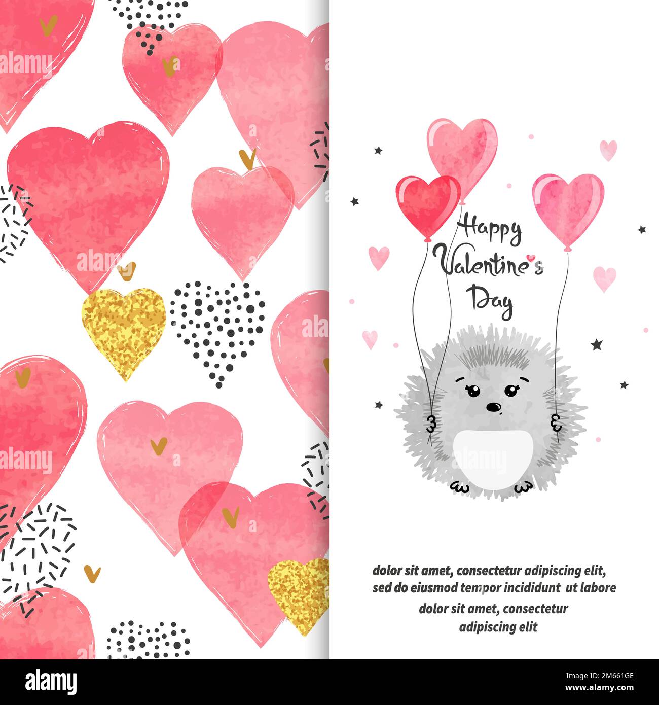 Valentines day card design with cute watercolor hedgehog in love with ...