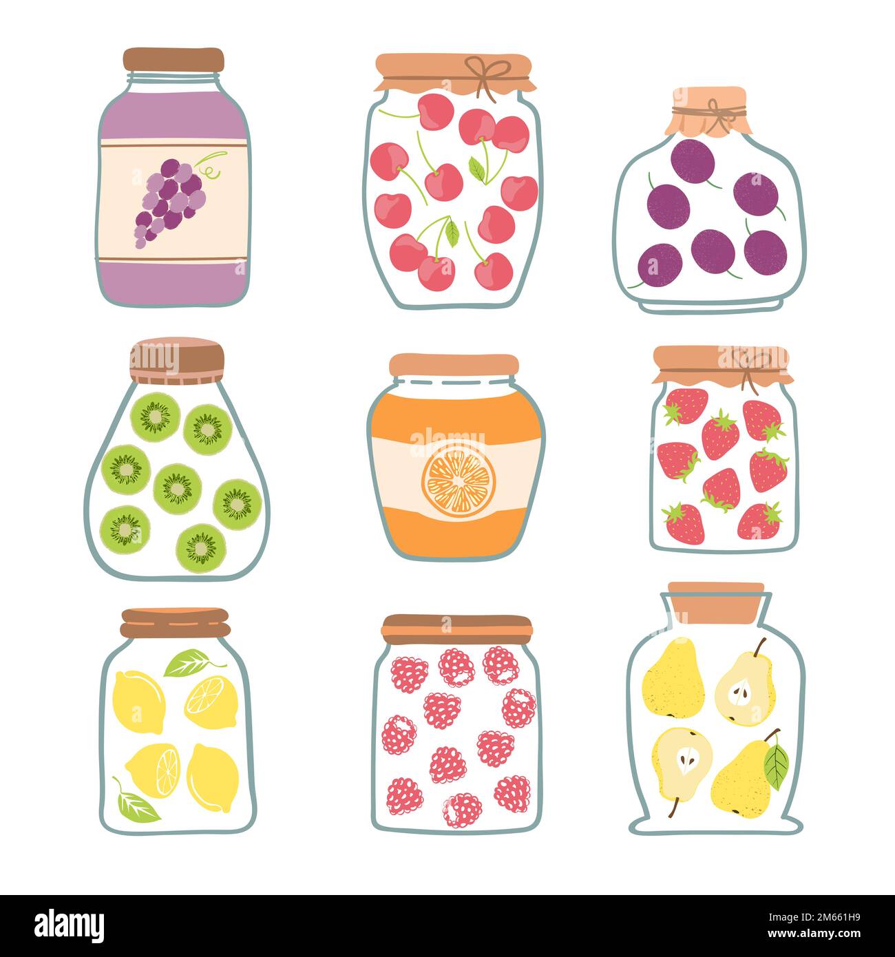 Vector set of preserved fruits in glass jars. Canned fruit illustration