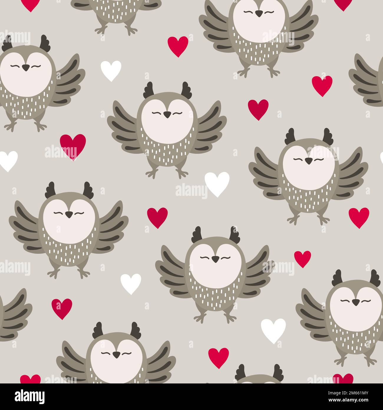 Seamless cute cartoon owls pattern with hearts. Stock Vector