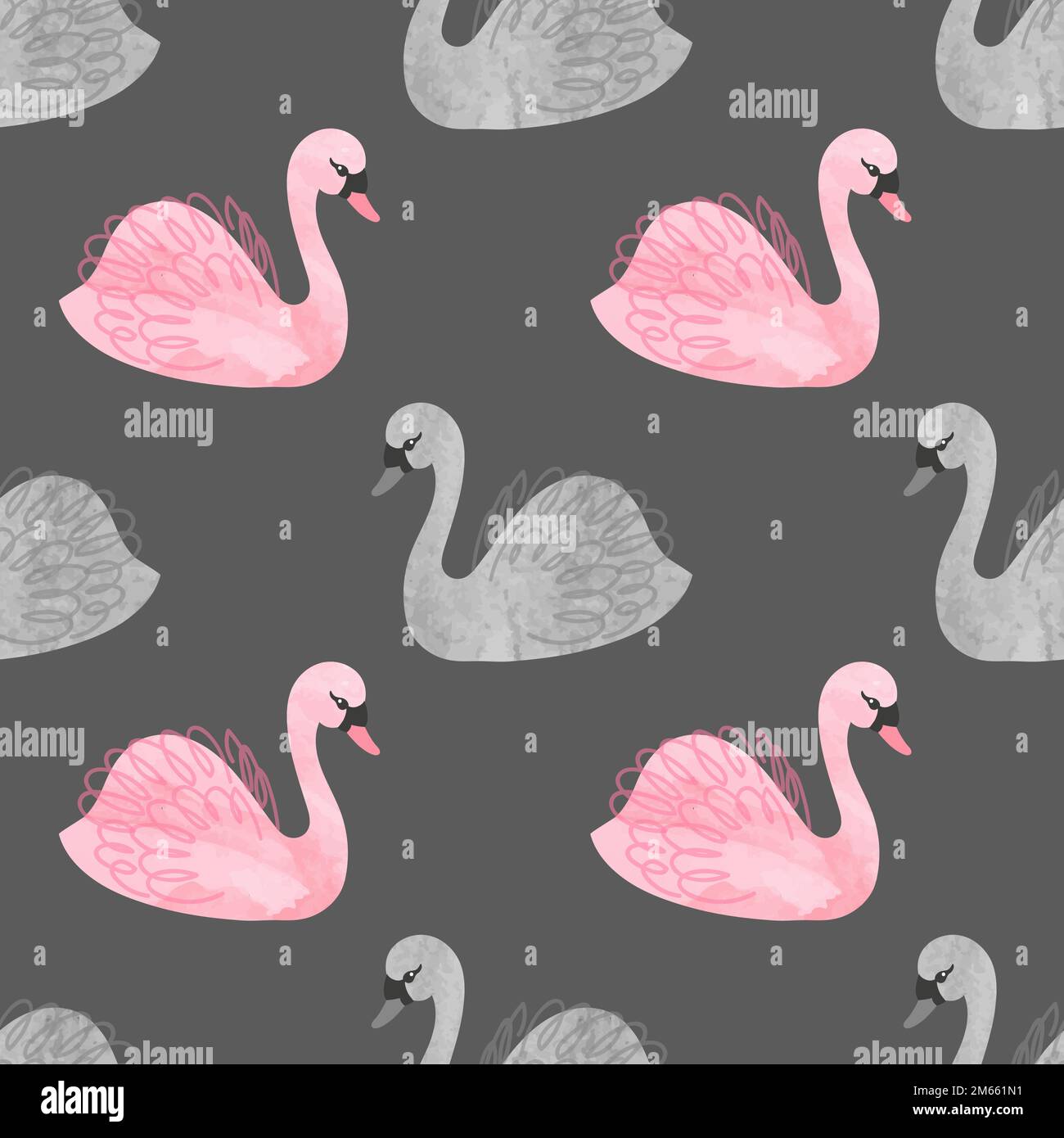 Seamless vector watercolor beautiful swans pattern. Stock Vector
