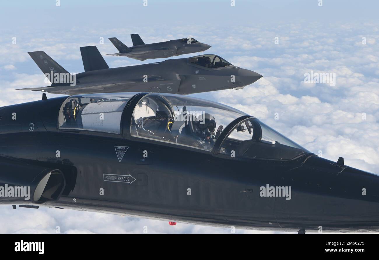 U.S. Air Force T38 Talon and two F35 Lightning II's fly in formation
