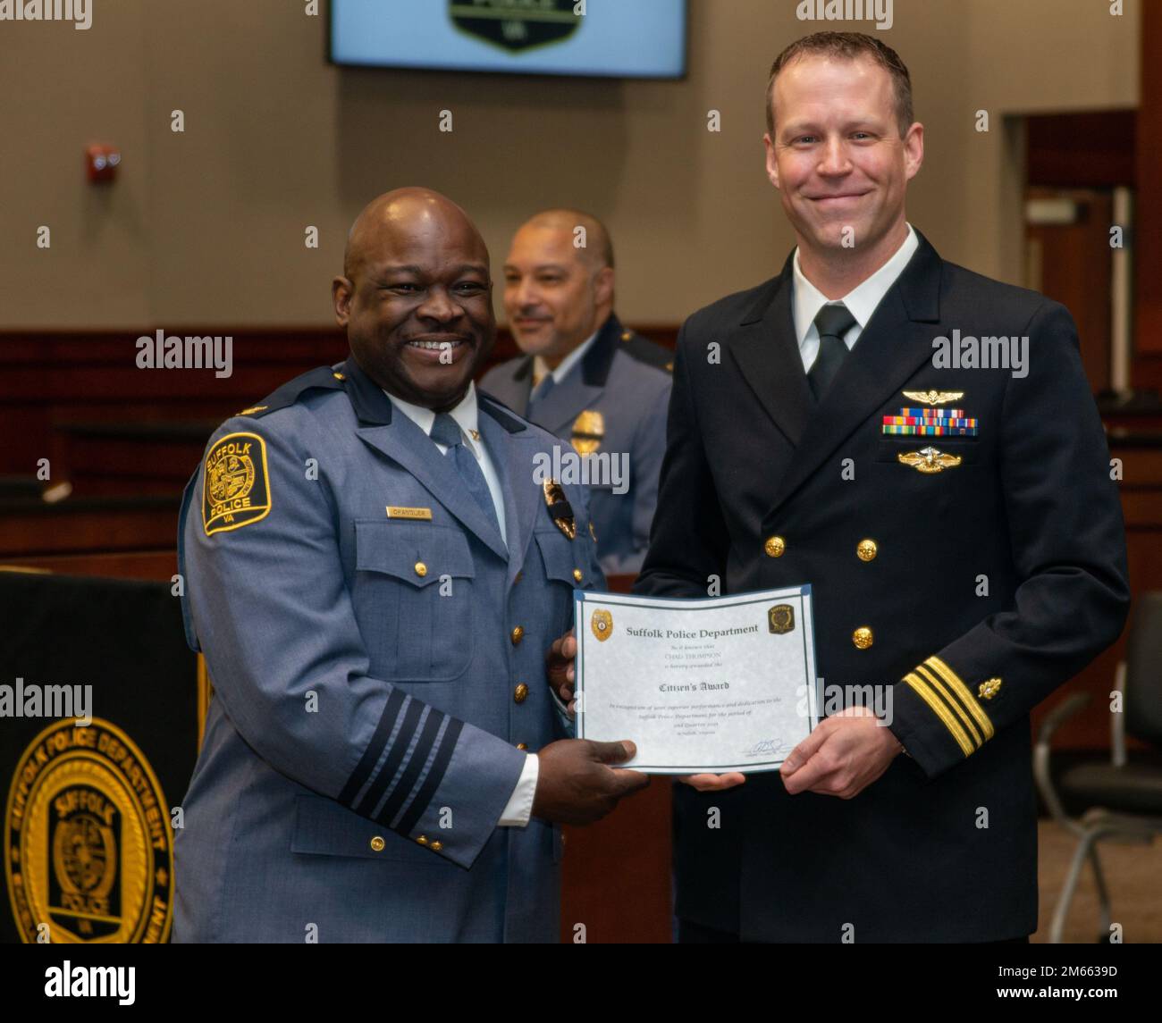 Lt. Cmdr. Chad Thompson, an Naval Medical Center Portsmouth (NMCP) Emergency Medicine resident, was recognized by the City of Suffolk at the annual award ceremony, April 5. The Suffolk Police Department awarded Thompson the Citizen’s Award for his selfless act of heroism at a motorcycle accident on May 8, 2021. Stock Photo