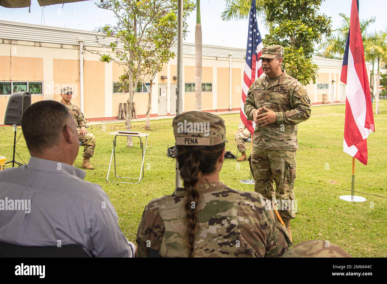 Maj. Luis E. Medina addresses those present during the promotion ceremony of 1st Lt. Karla Torres in Fort Buchanan, April 5, 2022. The U.S. Army and the Puerto Rico Army National Guard recognized Torres's qualities and potential and promoted her to 1st Lieutenant. Stock Photo