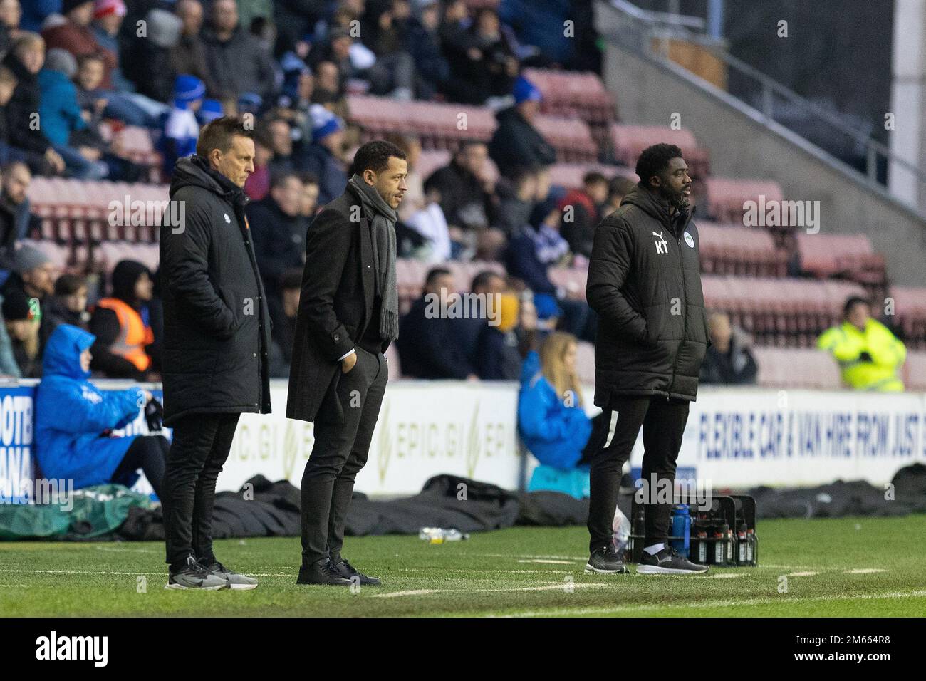 Wigan, UK. 02nd Jan, 2023. Kolo Toure Manager of Wigan Athletic and Liam Rosenior Manager of Hull City watch on during the Sky Bet Championship match Wigan Athletic vs Hull City at DW Stadium, Wigan, United Kingdom, 2nd January 2023 (Photo by Phil Bryan/News Images) in Wigan, United Kingdom on 1/2/2023. (Photo by Phil Bryan/News Images/Sipa USA) Credit: Sipa USA/Alamy Live News Stock Photo