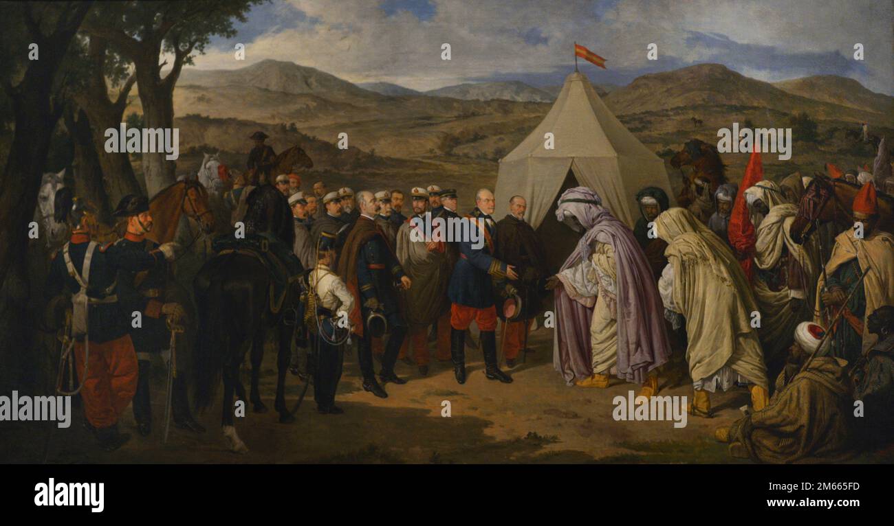 Moroccan Peace (Treaty of Wad Ras). Peace treaty signed in Tetouan between Spain and Morocco on 26 April 1860. It concluded the Hispano-Moroccan War after the successive defeats suffered by Morocco. Oil on canvas by Jose Chaves (1839-1903), 1880. Copy of an original by Joaquin Dominguez Becquer. Army Museum. Toledo, Spain. Stock Photo
