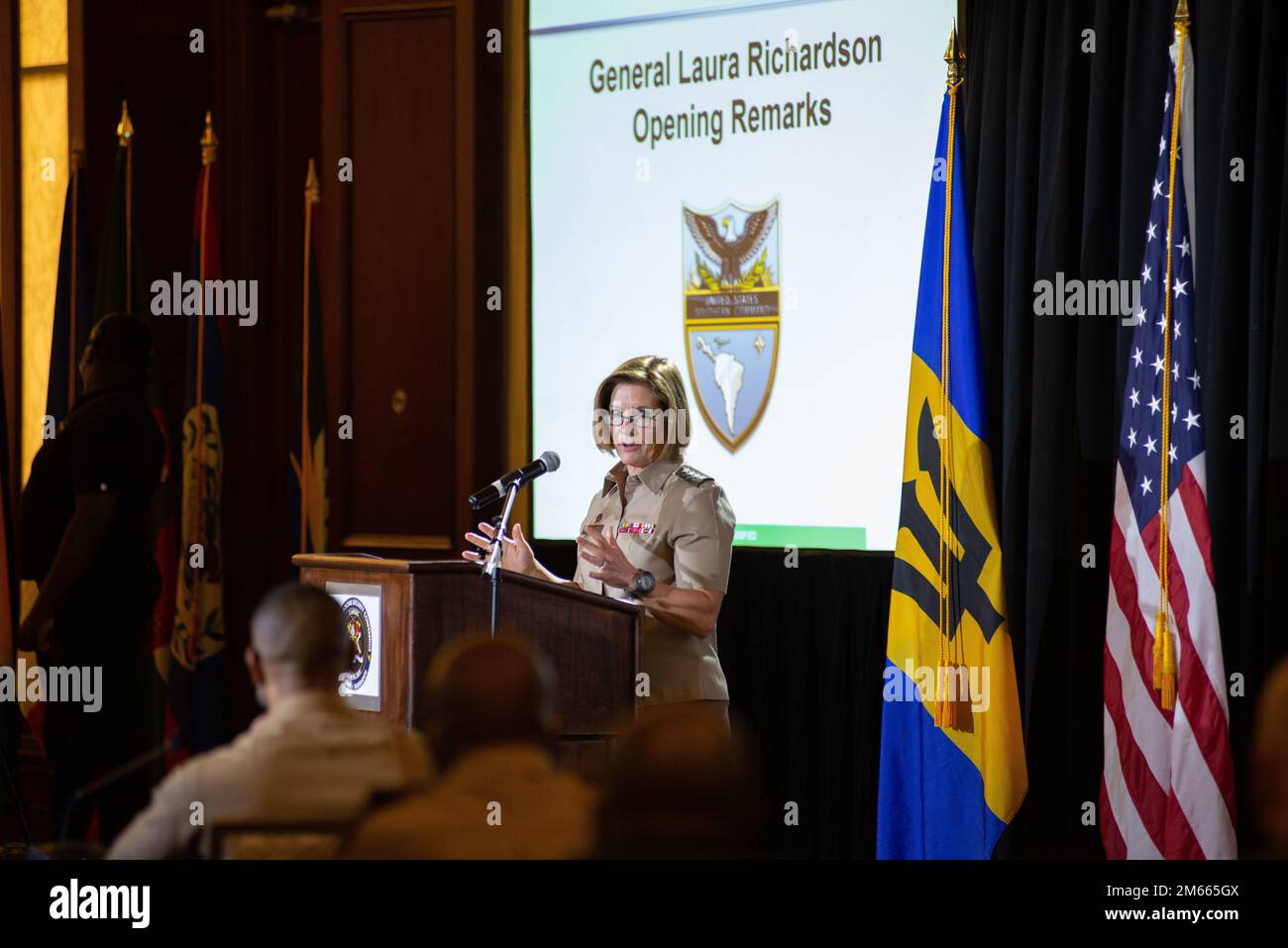BRIDGETOWN, Barbados (April 6, 2022) – The commander of U.S. Southern Command, U.S. Army Gen. Laura J. Richardson, provides opening remarks for the Caribbean Nations Security Conference in Bridgetown, Barbados. CANSEC 22 brought together leaders from partner nations around the Caribbean region and other allied nations to discuss security cooperation issues ranging from climate change to countering transnational criminal organizations to natural disaster response April 5-7, 2022. Stock Photo