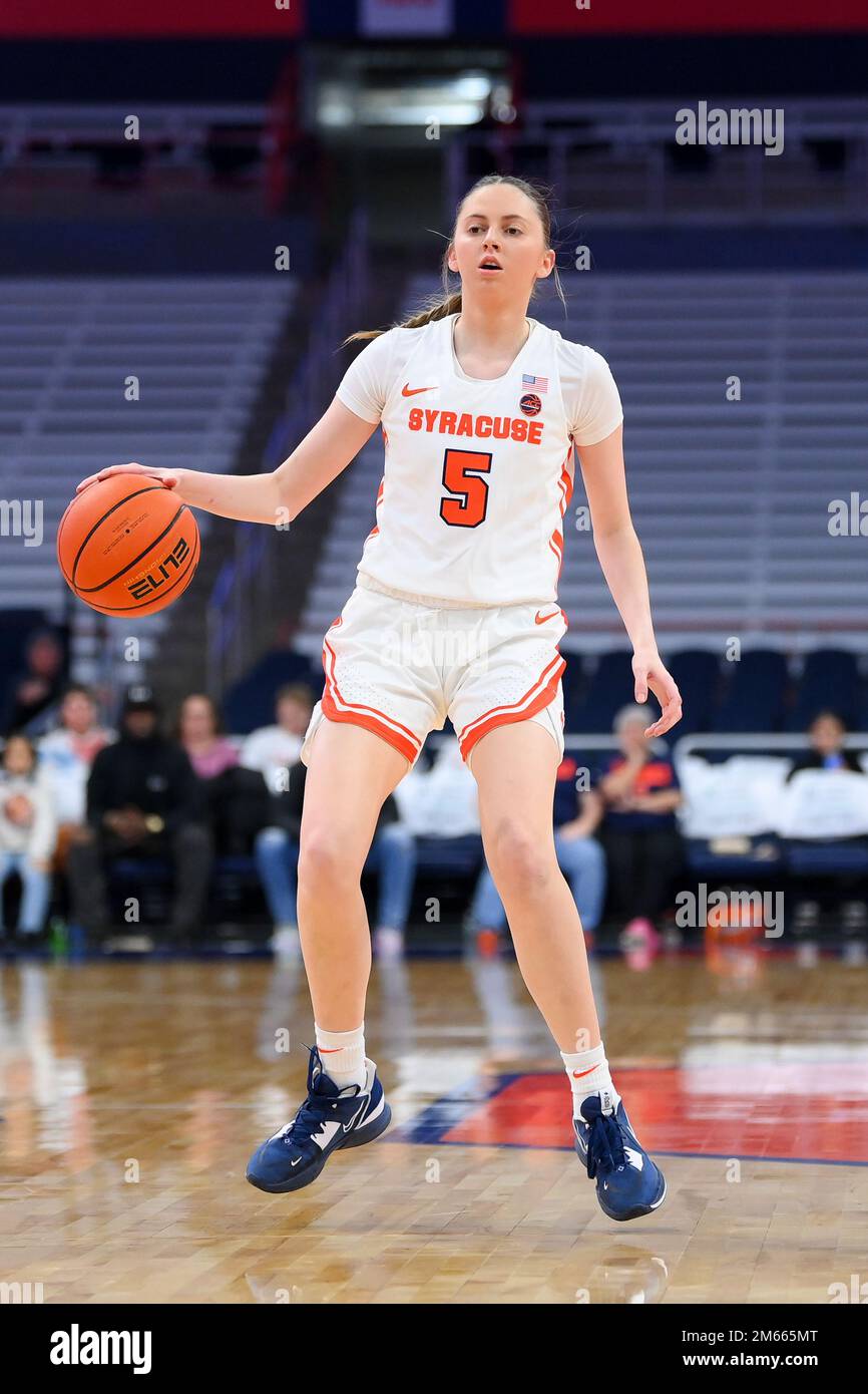 January 1, 2023: Syracuse Orange guard Georgia Woolley (5) controls the ball against the NC State Wolfpack during the first half of an NCAA WomenÕs basketball game on Sunday Jan. 1, 2023 at the JMA Wireless Dome in Syracuse, New York. Rich Barnes/CSM Stock Photo