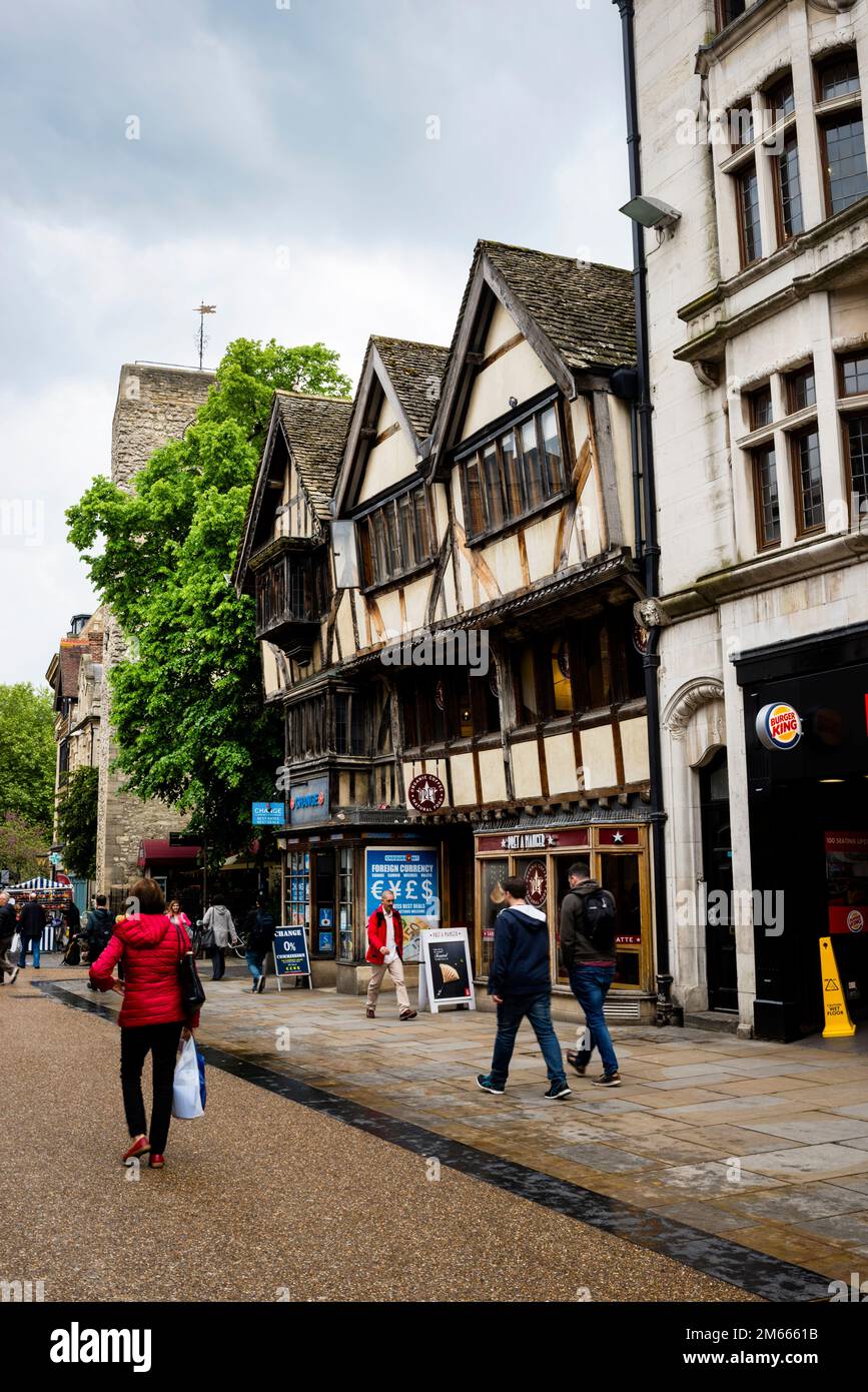 14th century timber-framed Tudor style house on Cornmarket Street Oxford, England. Stock Photo