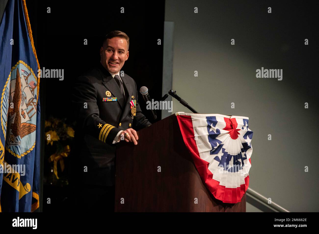 SILVERDALE, Wash. (April 6, 2022) – U.S. Navy Cmdr. Joseph Campbell, from Atlanta, speaks to the families and crew of the Ohio-class ballistic-missile submarine USS Kentucky (SSBN 737) during the ship’s change of command ceremony, April 6, 2022. Kentucky commissioned on July 13, 1991. The ship is the 12th submarine in the class, and the third U.S. Navy ship to bear the name. Stock Photo