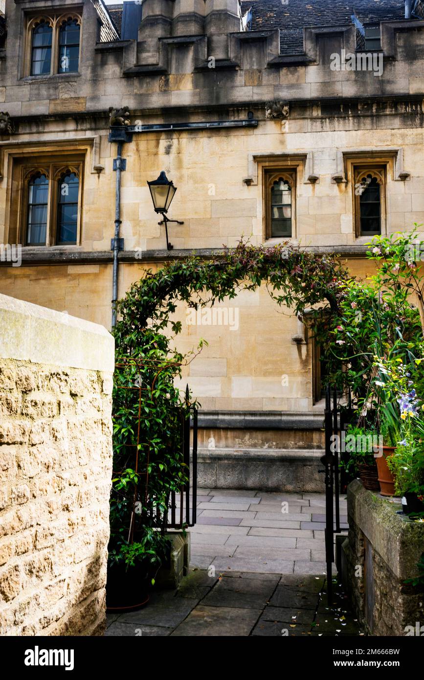 Gate to a cafe at Oxford Univeristy in Oxford, England and All Souls College. Stock Photo