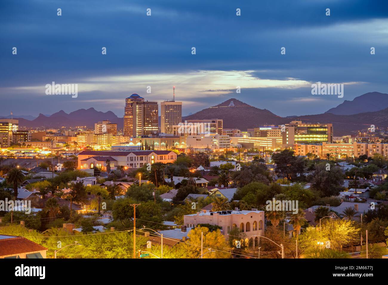 Tucson, Arizona, USA downtown skyline with Sentinel Peak at dusk. (Mountaintop 'A' for 'Arizona') Stock Photo