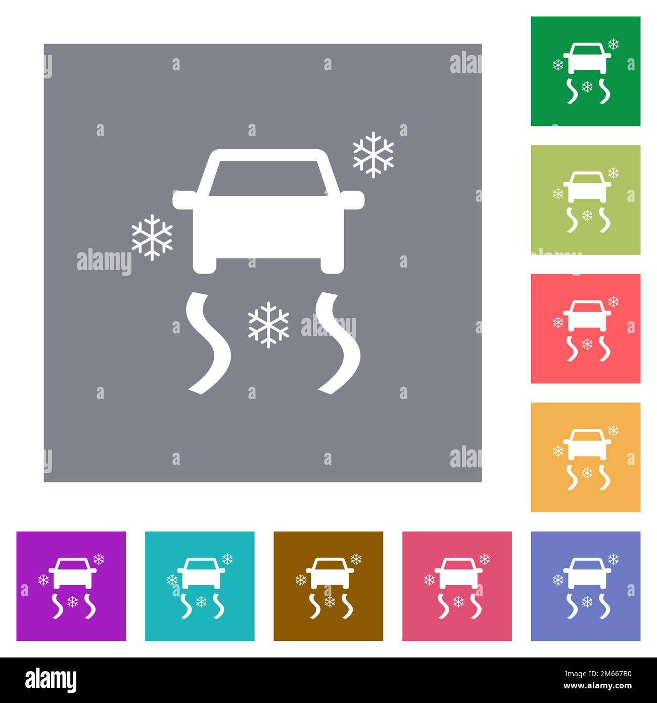 Snowy road dashboard indicator flat icons on simple color square ...