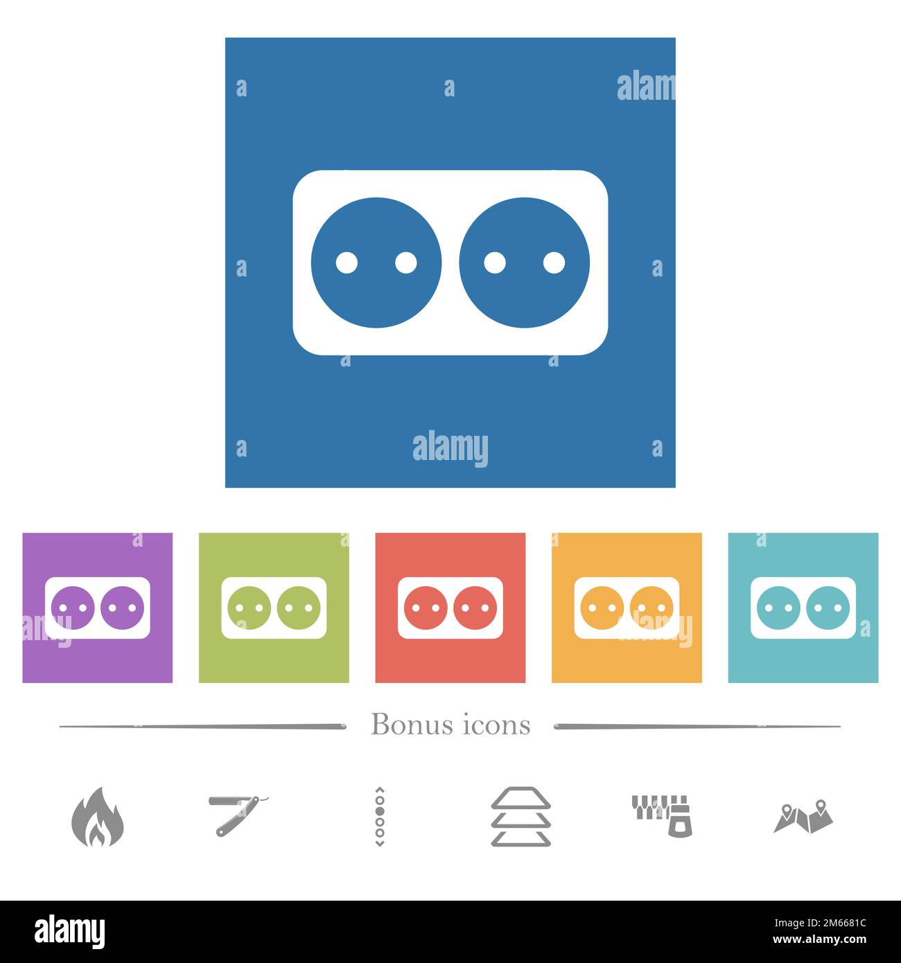 Electrical outlet with two sockets solid flat white icons in square