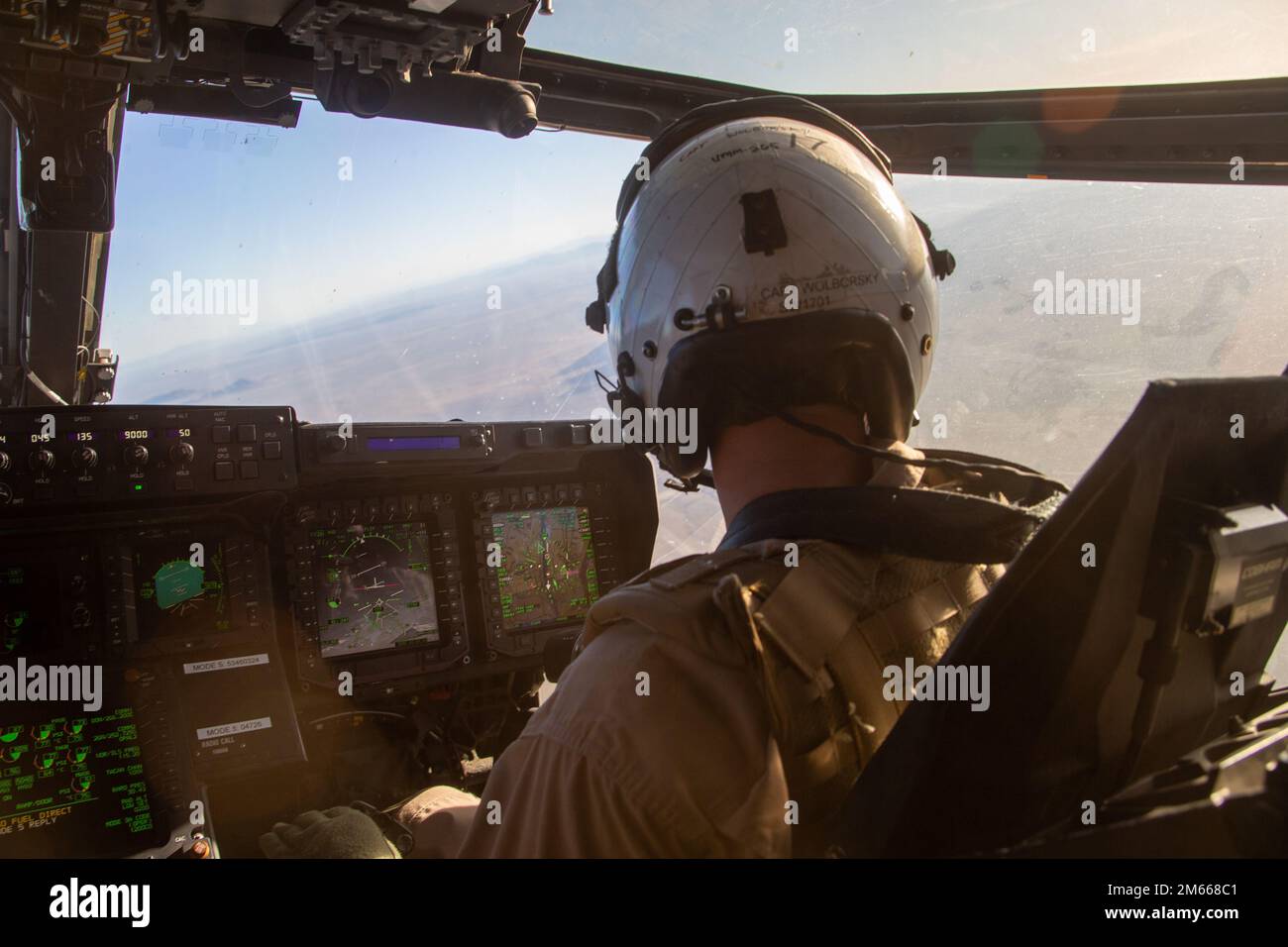 U.S. Marine Corps Capt. Samuel Wolborsky, an MV-22 pilot assigned to Marine Aviation Weapons and Tactics Squadron One (MAWTS-1), prepares for an air-to-air refuel during Weapons and Tactics Instructor (WTI) course 2-22, near Dugway, Utah, April 6, 2022. WTI is a seven-week training event hosted by MAWTS-1, providing standardized advanced tactical training and certification of unit instructor qualifications to support Marine aviation training and readiness, and assists in developing and employing aviation weapons and tactics. Stock Photo
