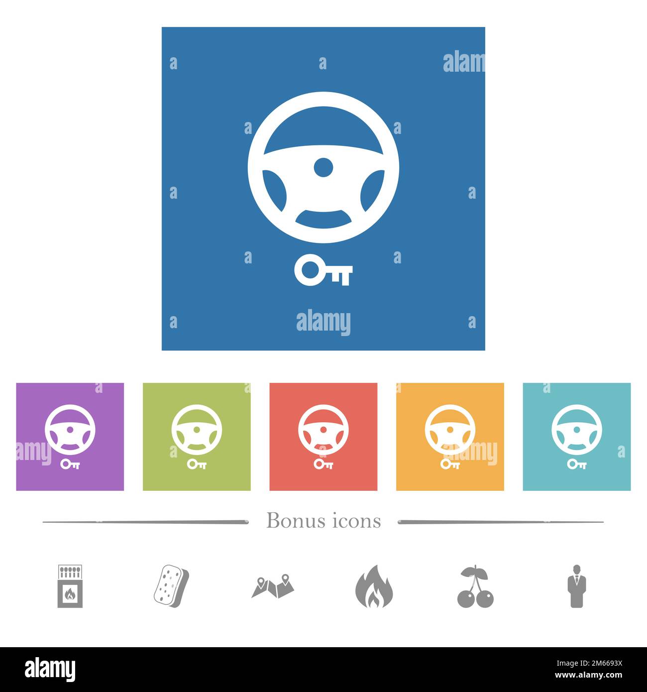 Steering lock flat white icons in square backgrounds. 6 bonus icons