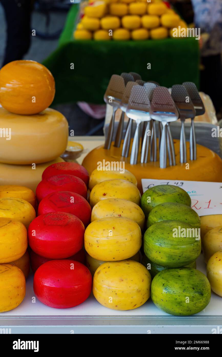 different kind of cheese in street market, Gouda, Netherlands Stock Photo