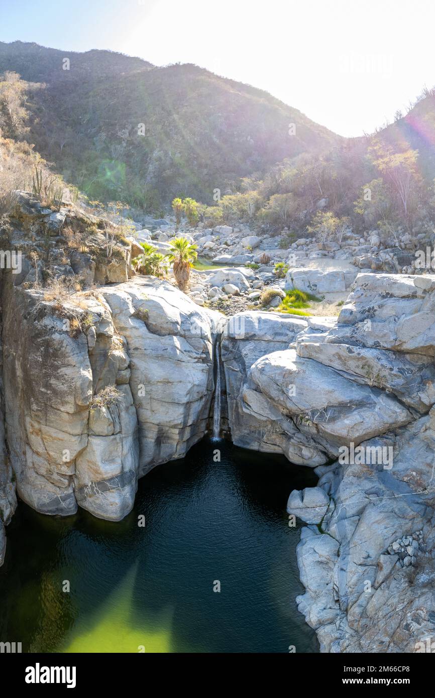 Aerial view of Zorro Canyon Waterfall in the ecological ranch Sol De