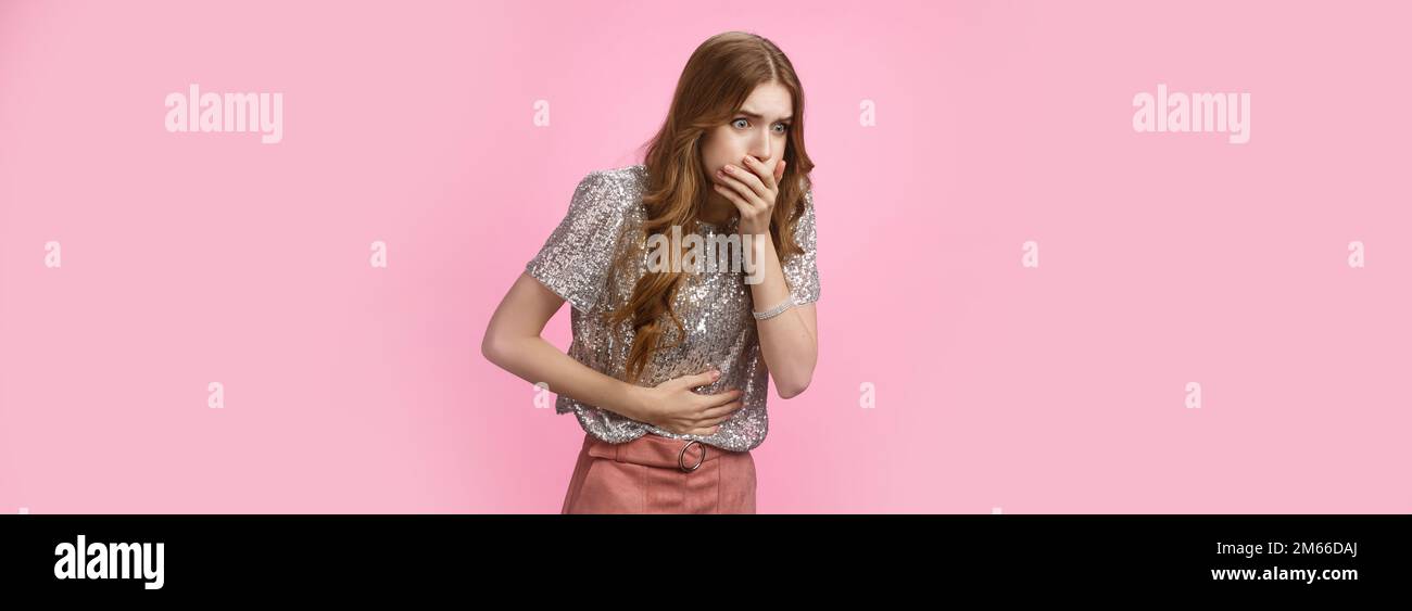 Portrait intense girl feel bad after party alcohol intoxication