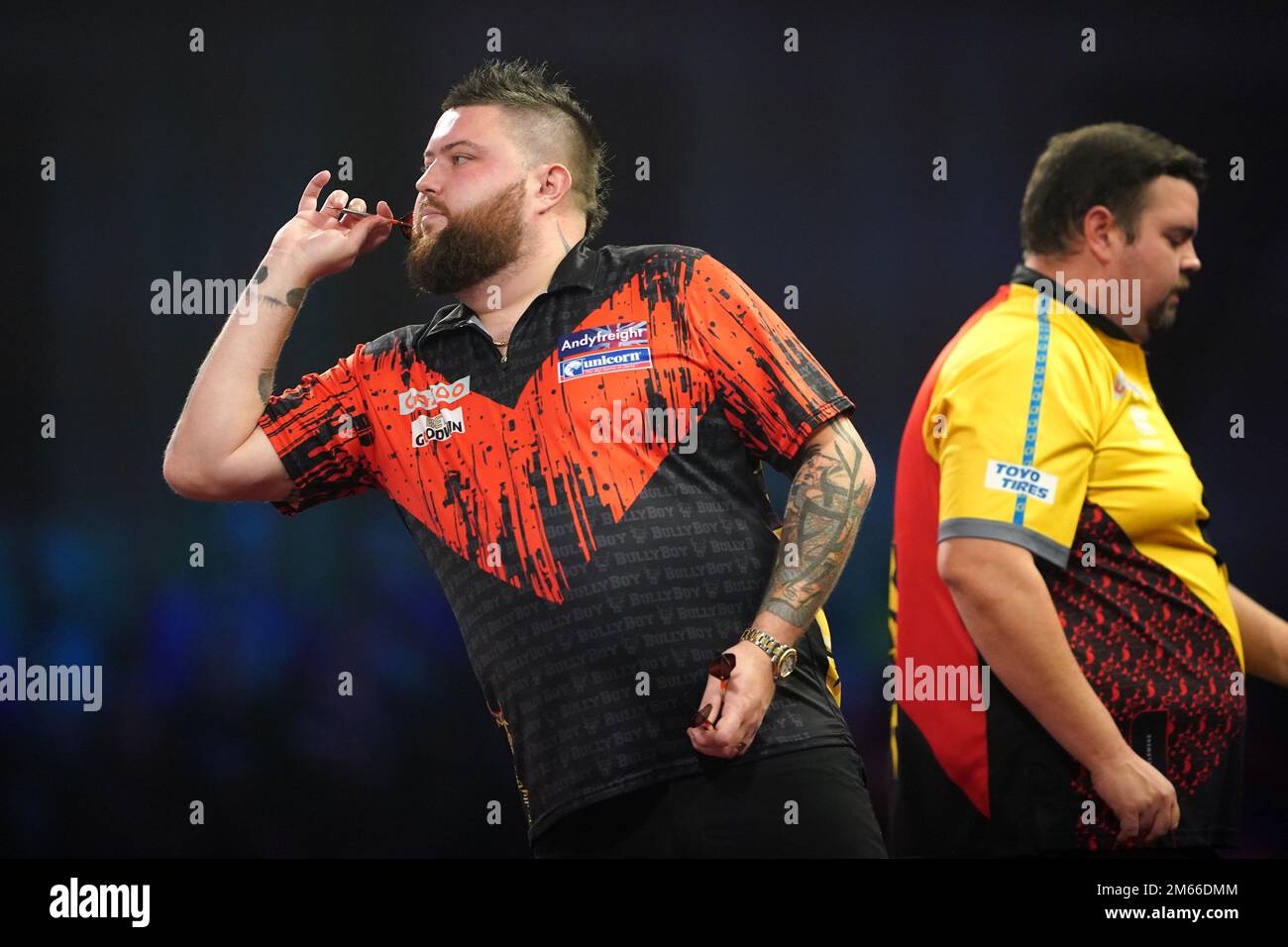 Michael Smith in action against Gabriel Clemens during day fifteen of the Cazoo World Darts