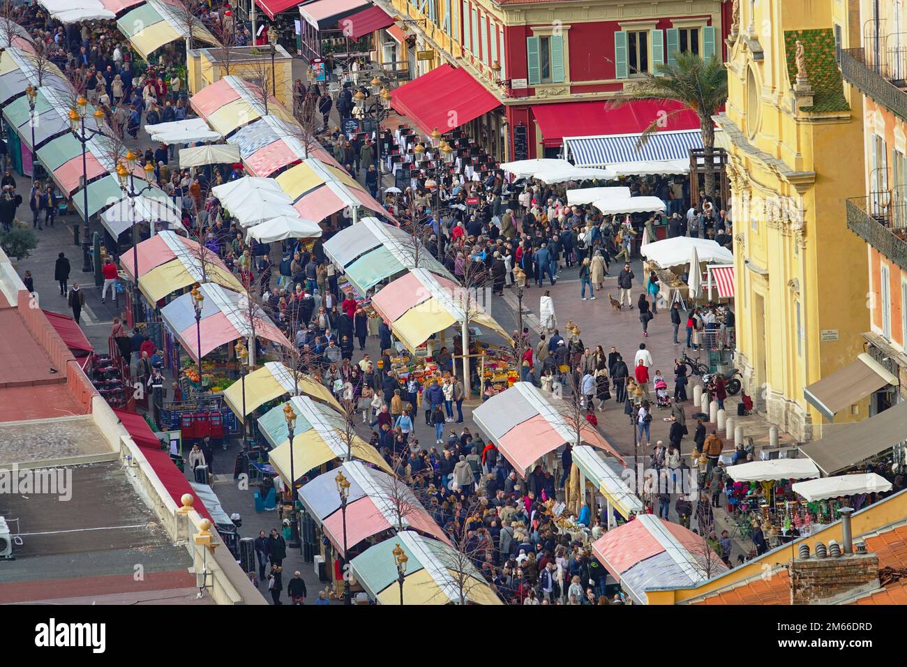 Above view of Cours Saleya market in Nice famous for its flower, vegetable, spice and fish markets. Nice, France - December 2022 Stock Photo