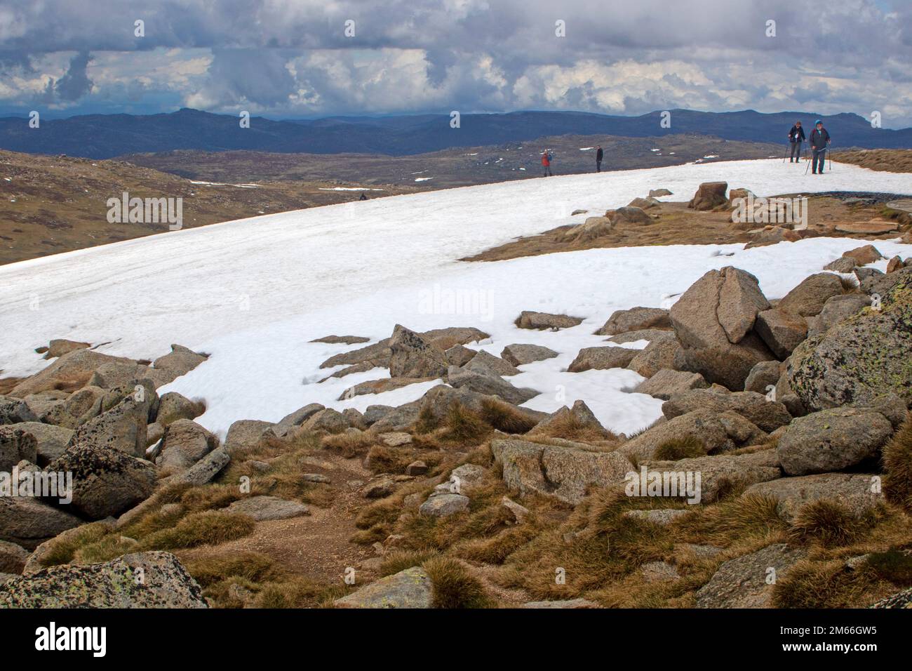 Hikers approaching the summit of Mt Kosciuszko Stock Photo