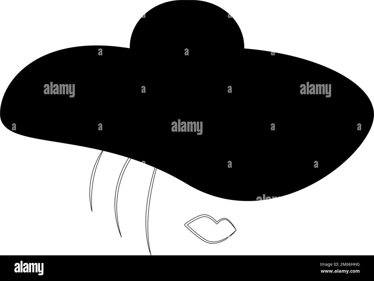 Abstract female face with lips and hair in a black wide brimmed hat. Contour drawing. Sticker. Icon. Isolate. Good for pattern, wrapping or wallpaper, poster, card, price, label or banner, web. EPS Stock Vector