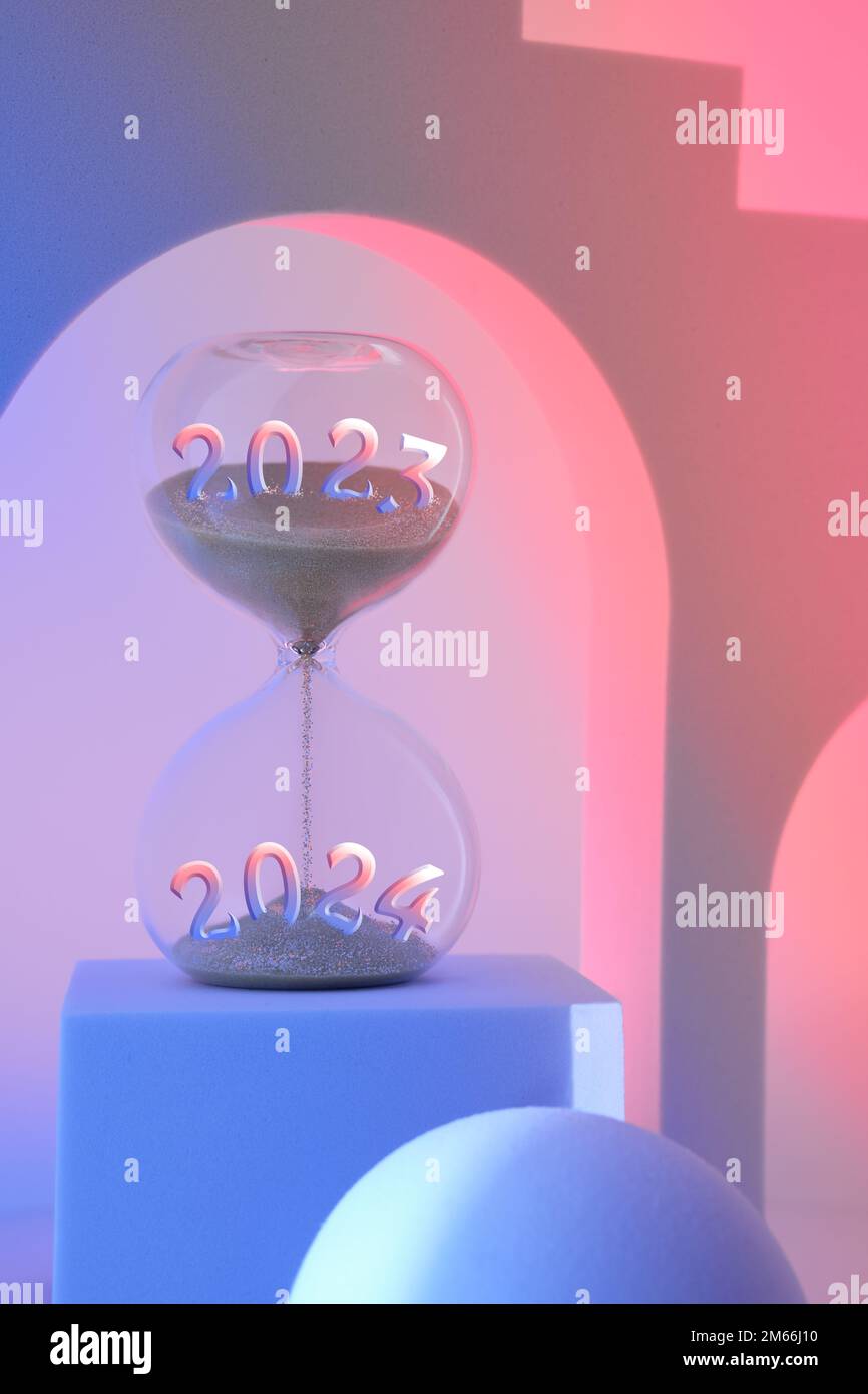 End Of The Year 2023 Silverster New Year 2024 Hourglass Withyear Numbers On Podium Surreal Arches In Pink And Purple Hourglass Is Also Known As 2M66J10 