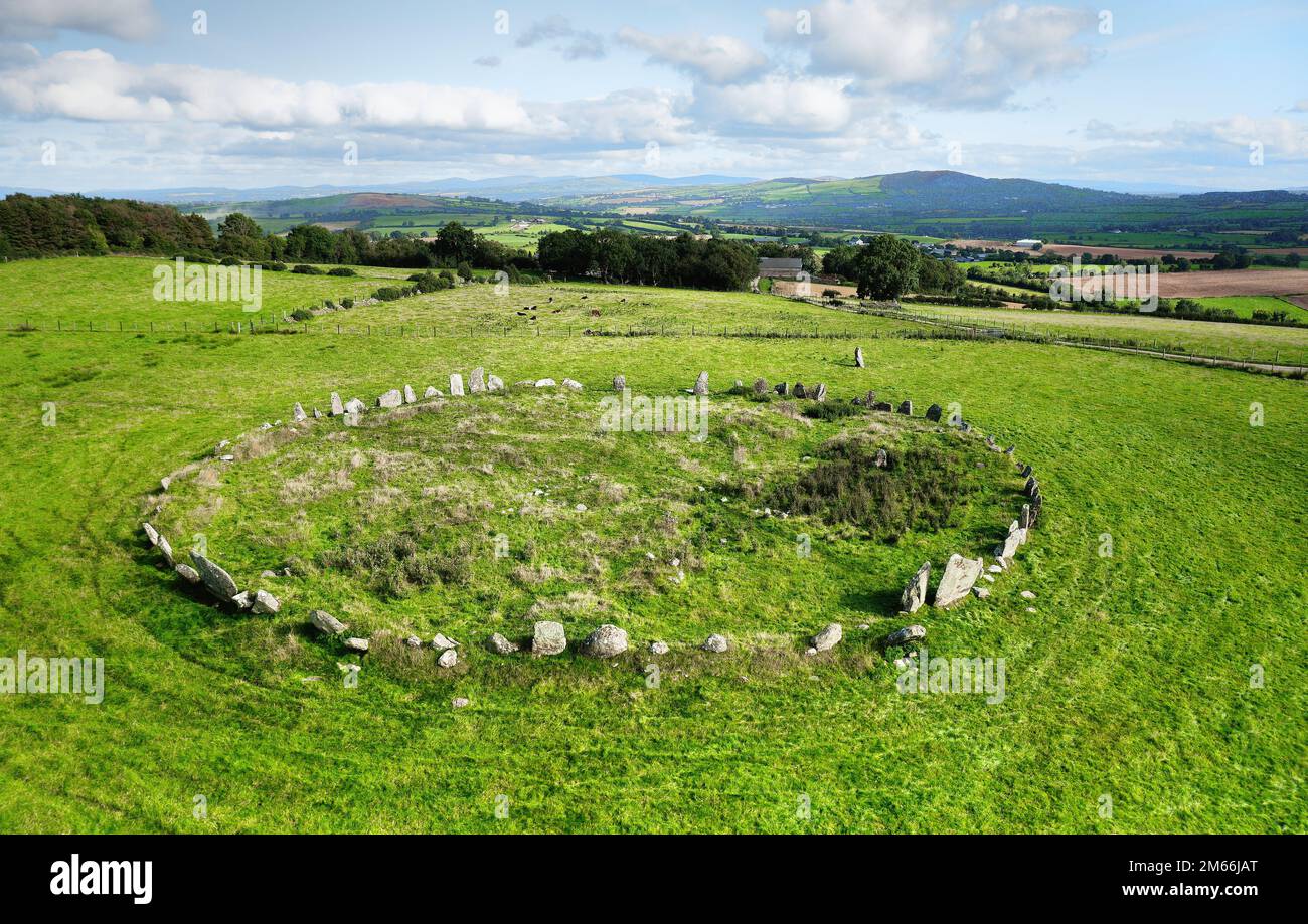 Beltany prehistoric stone circle. Raphoe, Donegal, Ireland. Neolithic and Bronze Age ritual site 2100-700 BC. Outlier stone right of centre. Aerial Stock Photo
