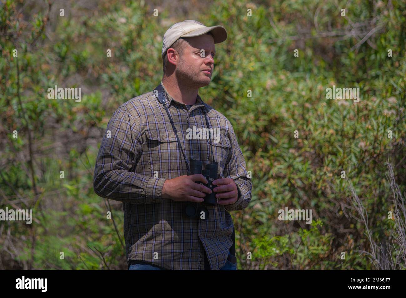 Nate Redetzke, a wildlife biologist with the Uplands Management Section, Environmental Security, Marine Corps Base Camp Pendleton, observes the wildlife on Camp Pendleton, California, April 7, 2022.  As a result of Environmental Security taking charge in protecting the environment and wildlife habitats, both the California gnatcatcher and kangaroo rat have been reduced from endangered to threatened species. Safeguarding endangered and threatened habitats also allows Camp Pendleton to maintain the same training environment and quality training opportunities for Marine Corps operational forces. Stock Photo