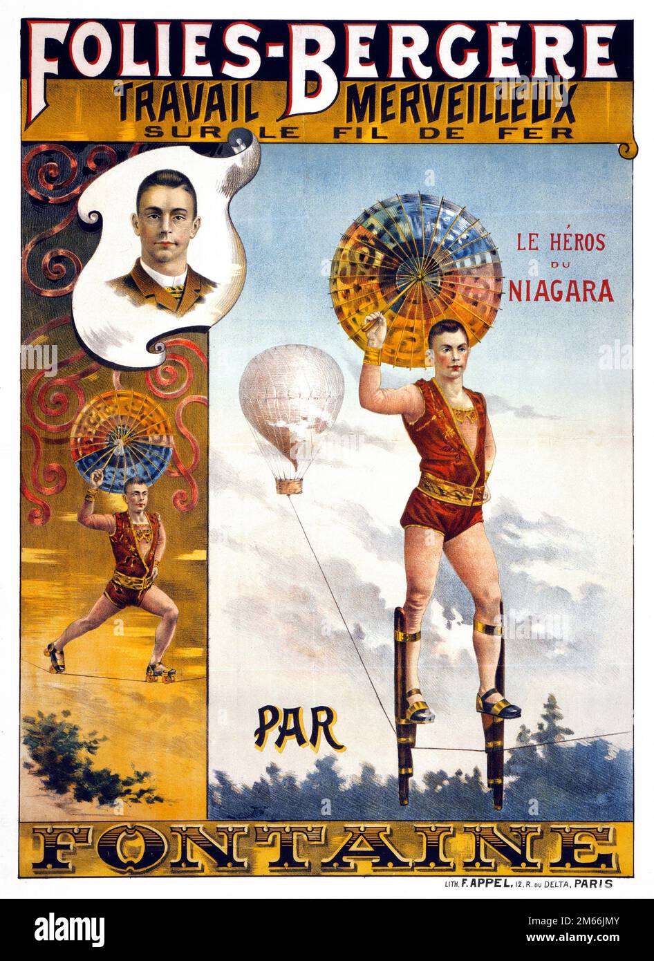Vintage poster - Folies-Bergère travail merveilleux sur le fil de fer par Fontaine - The Hero of Niagara Falls Stock Photo