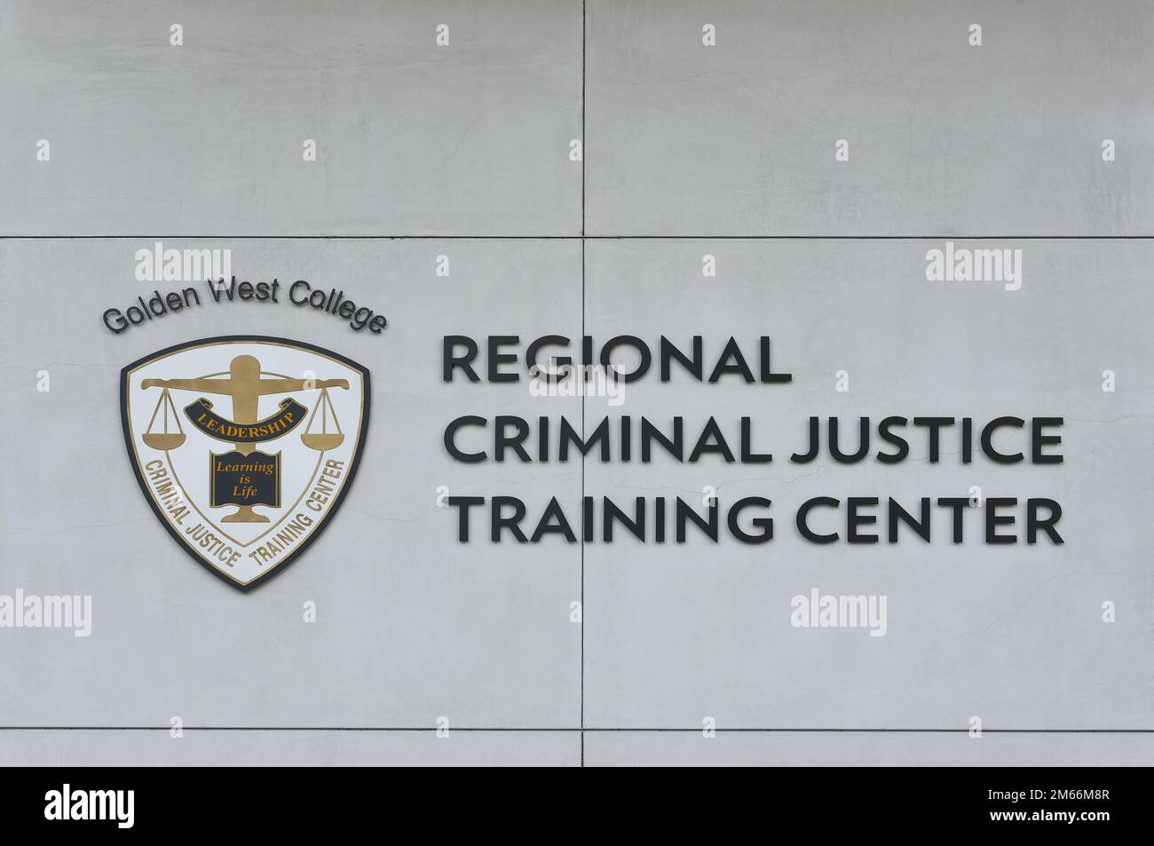 HUNTINGTON BEACH, CALIFORNIA - 01 JAN 2023:  Closeup of the The Regional Criminal Justice Training Center sign on the campus of Golden West College. Stock Photo